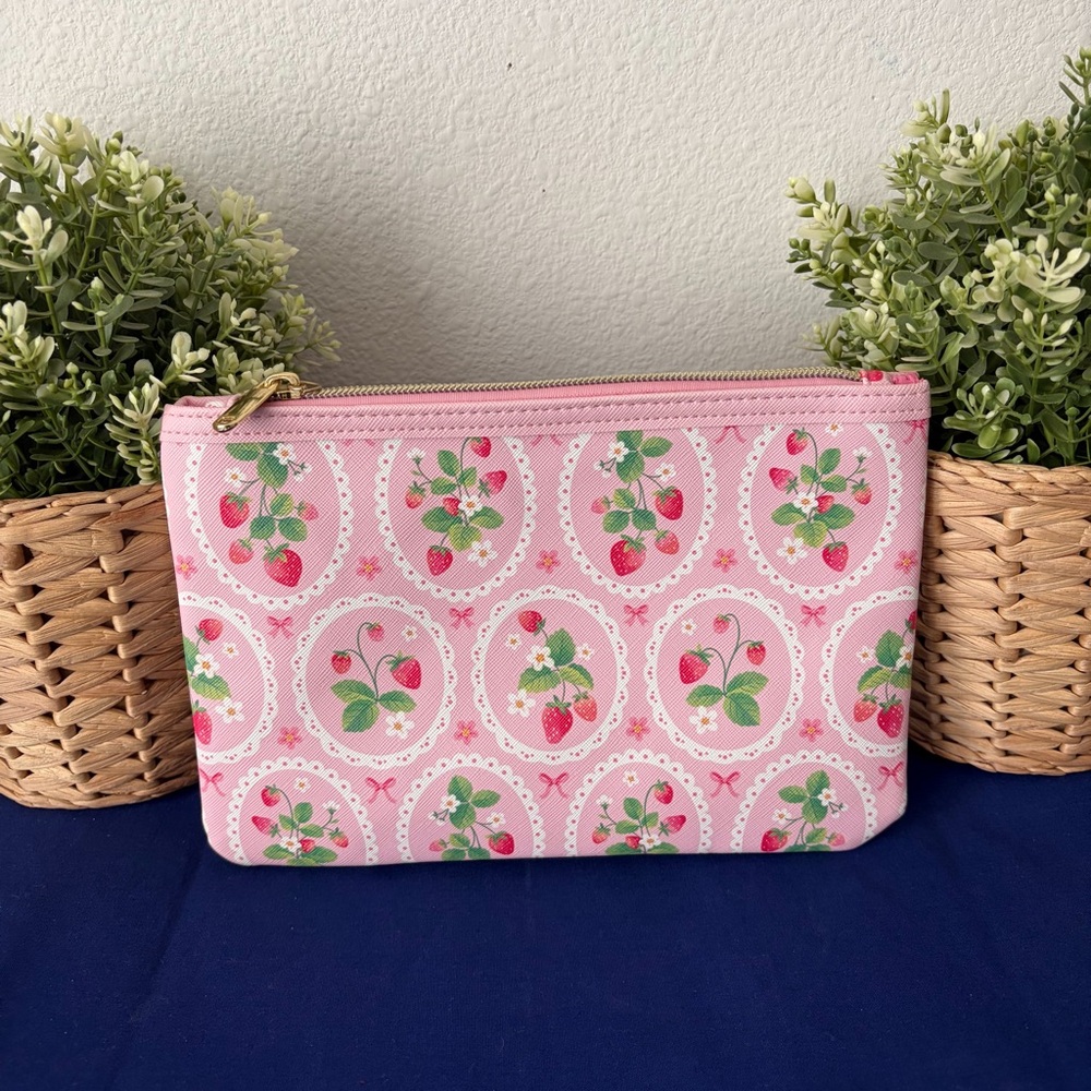 Pink Strawberry Print Cosmetic Pouch